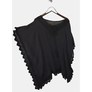 Woman's Coverup Dress Kaftan Poncho Size L Black Crochet Boho Bohemian Festival